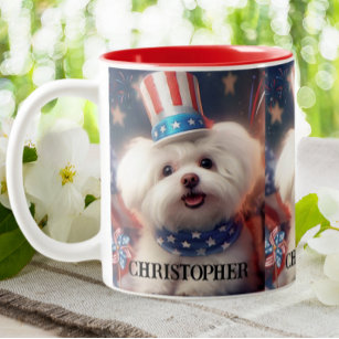 Patriottische Maltese Puppy Dog USA vlag gepersona Tweekleurige Koffiemok