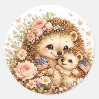 Patriottische mama en baby egel watercolor kunst ronde sticker