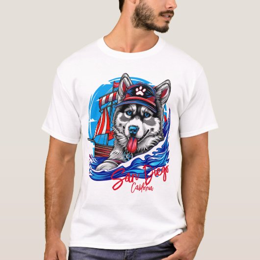 Patriottische Maritieme Husky Malamute Hond, San D T-shirt (Voorkant)