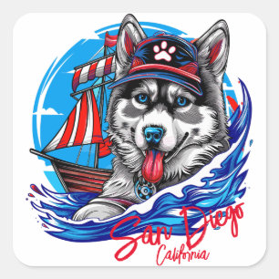 Patriottische Maritieme Husky Malamute Hond, San D Vierkante Sticker
