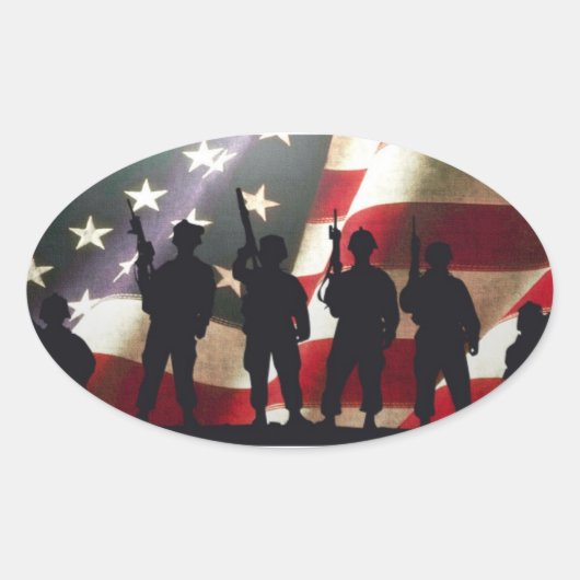 Patriottische Militaire Soldaat Silhouetten Ovale Sticker (Voorkant)