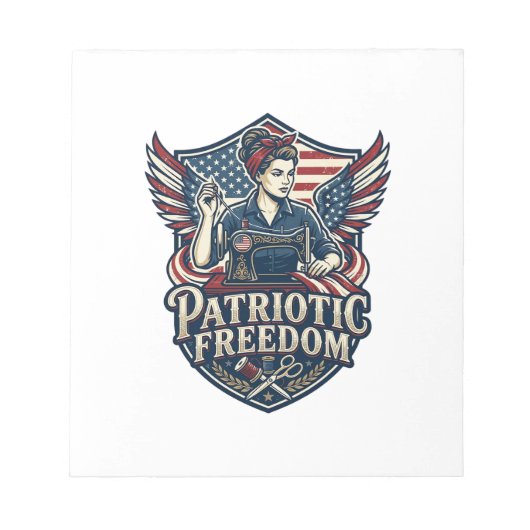 Patriottische Moeder Met Naaimachine Vector Grafis Notitieblok (Voorkant)