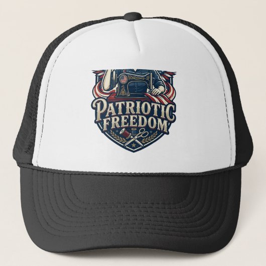 Patriottische Moeder Met Naaimachine Vector Grafis Trucker Pet (Voorkant)