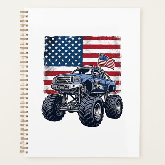 Patriottische Monstertruck Vintage Gravure Ontwerp Planner (Voorkant)