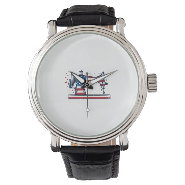Patriottische Naaimachine Vintage Gravure Vector_ Horloge (Voorkant)