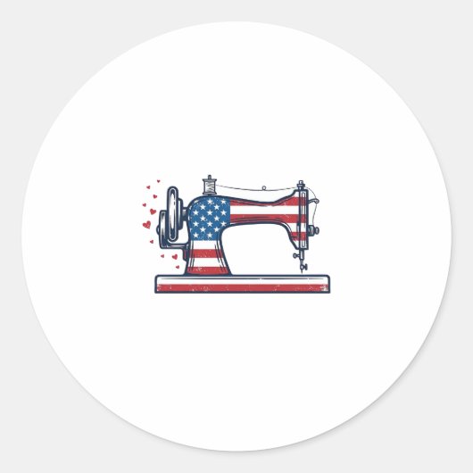 Patriottische Naaimachine Vintage Gravure Vector_ Ronde Sticker (Voorkant)