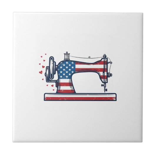 Patriottische Naaimachine Vintage Gravure Vector_ Tegeltje (Voorkant)