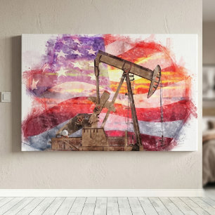 Patriottische oliepomp bij zonsondergang Pastel Te Canvas Afdruk
