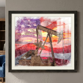 Patriottische oliepomp bij zonsondergang Pastel Te Foto Afdruk