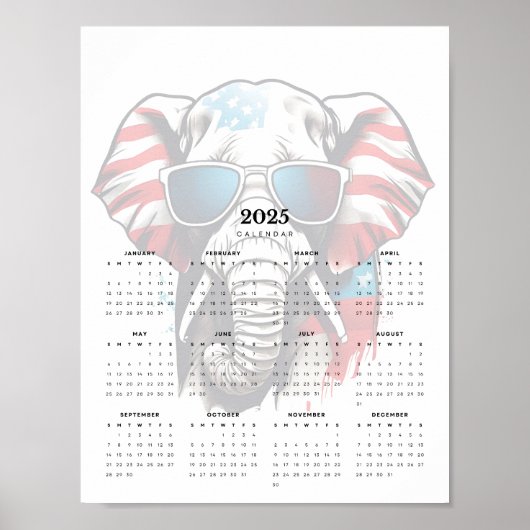 Patriottische olifant rood wit blauw 2025 Kalender Poster (Voorkant)