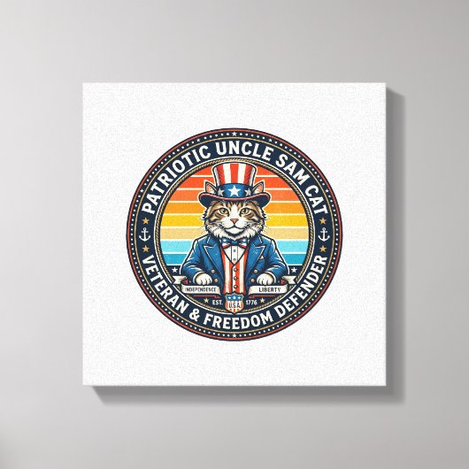 Patriottische Oom Sam Kat Retro Zonsondergang T-Sh Canvas Afdruk (Voorkant)