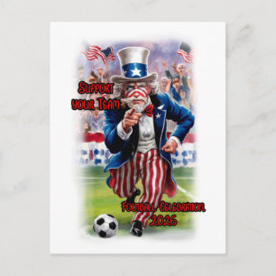 Patriottische oom Sam speelt voetbal op een Feestdagenkaart