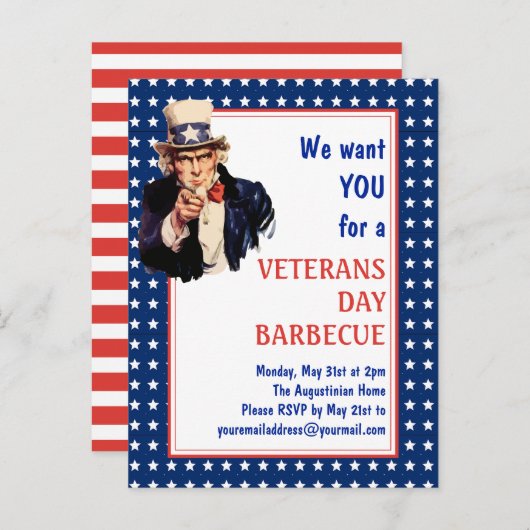 Patriottische oom Sam VETERANS BBQ BARBECUE Invite Briefkaart (Voorkant / Achterkant)