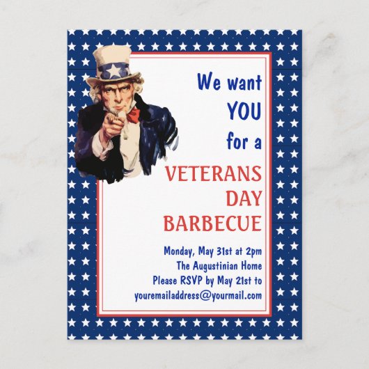 Patriottische oom Sam VETERANS BBQ BARBECUE Invite Briefkaart (Voorkant)