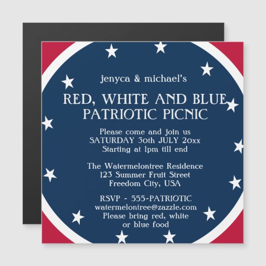 Patriottische Picknick Sterren 4 juli Rood Wit Bla Magnetische Uitnodiging (Voorkant / Achterkant)