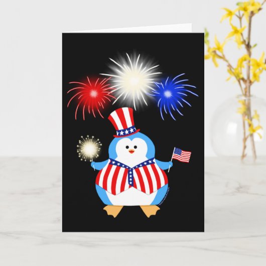 Patriottische Pinguïn met Vuurwerk Kaart (Gele Bloem)