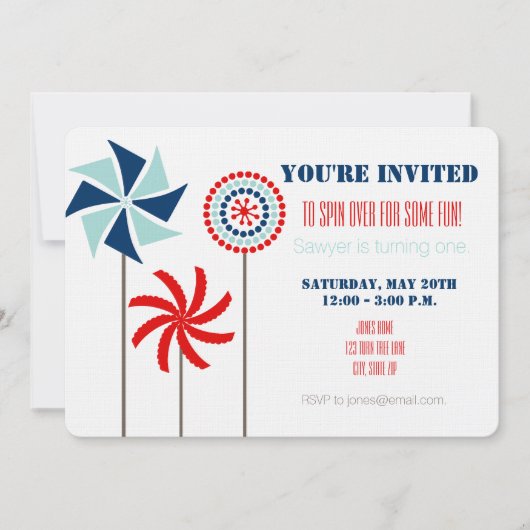 Patriottische Pinwheel Verjaardag Uitnodiging (Voorkant)