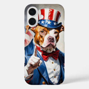 Patriottische Pitbull-hond in Uncle Sam-pose iPhone 16 Hoesje