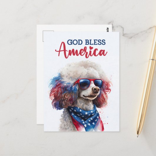 Patriottische Poodle, God Bless America Briefkaart (Voorkant / Achterkant in situ)