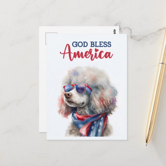 Patriottische Poodle, God Bless America Briefkaart (Voorkant / Achterkant in situ)