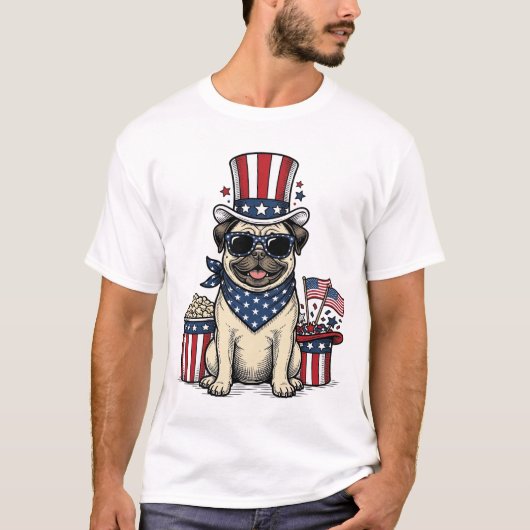Patriottische Pug Vintage Gravure Hond Shirt Ontwe (Voorkant)