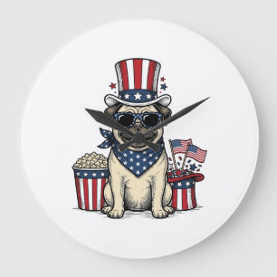Patriottische Pug Vintage Gravure Hond Shirt Ontwe Grote Klok