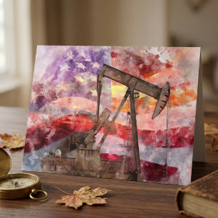 Patriottische Pumpjack Aquarel Zonsondergang Kunst Bedankkaart