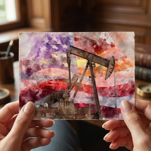 Patriottische Pumpjack Waterverf Zonsondergang Kun Briefkaart