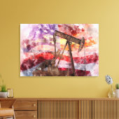 Patriottische Pumpjack Waterverf Zonsondergang Kun Canvas Afdruk (Insitu (Woonkamer))