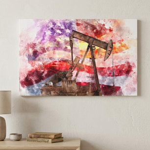 Patriottische Pumpjack Waterverf Zonsondergang Kun Canvas Afdruk