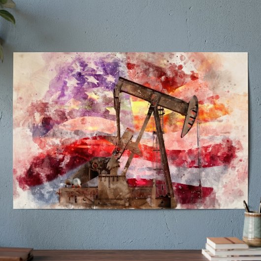 Patriottische Pumpjack Waterverf Zonsondergang Kun Poster