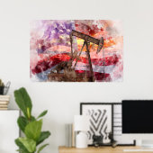 Patriottische Pumpjack Waterverf Zonsondergang Kun Poster (Thuiskantoor)