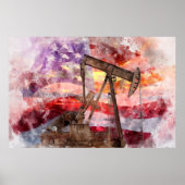 Patriottische Pumpjack Waterverf Zonsondergang Kun Poster (Voorkant)