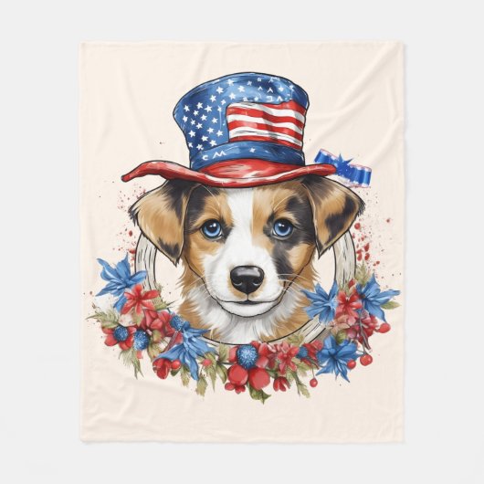Patriottische Puppy 4 juli Onafhankelijkheidsdag V Fleece Deken (Voorkant)