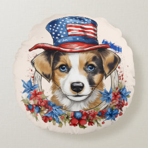 Patriottische Puppy 4 juli Onafhankelijkheidsdag V Rond Kussen