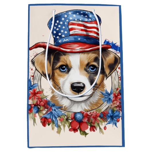 Patriottische Puppy 4 juli Verenigde Staten Onafha Medium Cadeauzakje (Voorkant)