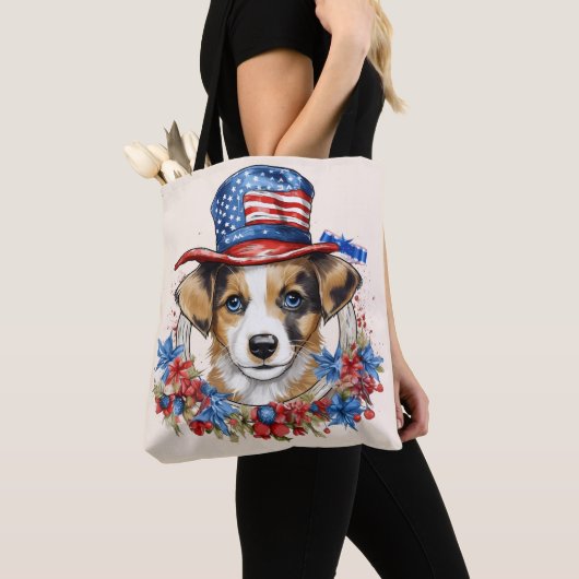 Patriottische Puppy 4 juli Verenigde Staten Onafha Tote Bag (Dichtbij)