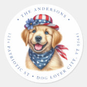 Patriottische puppy hond 4 juli retouradres ronde sticker (Voorkant)