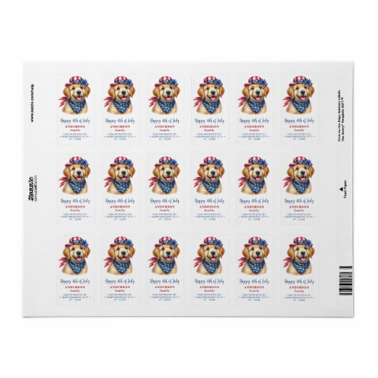 Patriottische puppy hond Rood Wit Blauw Terugkeer  Etiket (Full Sheet)