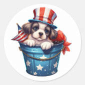 Patriottische Puppy Hond Rood Wit Blauw Top Hoed Ronde Sticker (Voorkant)