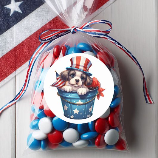 Patriottische Puppy Hond Rood Wit Blauw Top Hoed Ronde Sticker