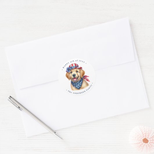Patriottische Puppy Rood Wit Blauw Golden Retrieve Ronde Sticker (Envelop)