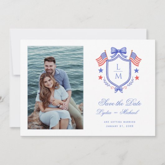 Patriottische rand met VS-vlaggen | Monogram Save The Date (Voorkant)