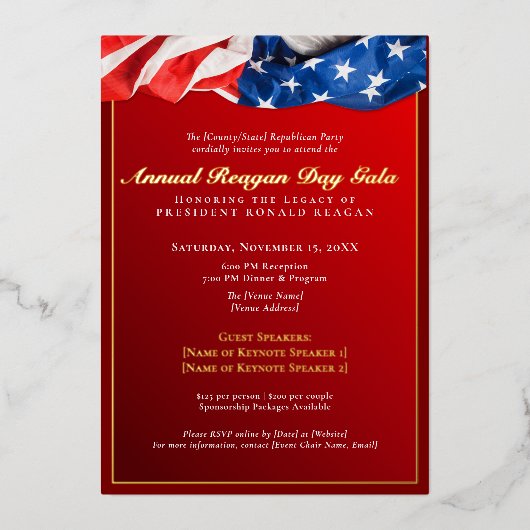 Patriottische Reagan Day Gala Republikeinse inzame Folie Uitnodiging (Voorkant)