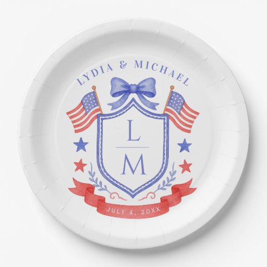 Patriottische Red White & I Do Monogram Bruiloft Papieren Bordje (Voorkant)