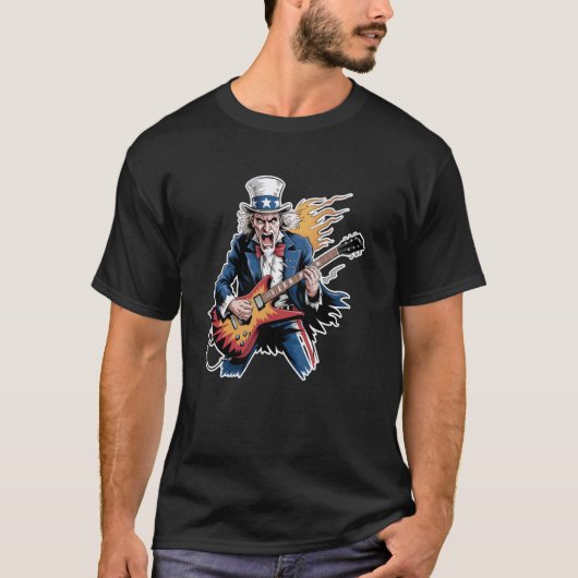 Patriottische Rockgitaar Oom Sam 4 juli T-shirt (Voorkant)