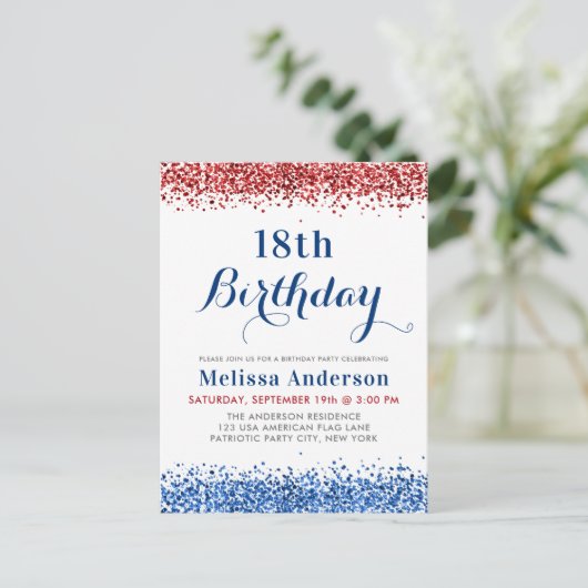 Patriottische rode blauwe glitter Birthday Party Uitnodiging Briefkaart (Staand voorkant)