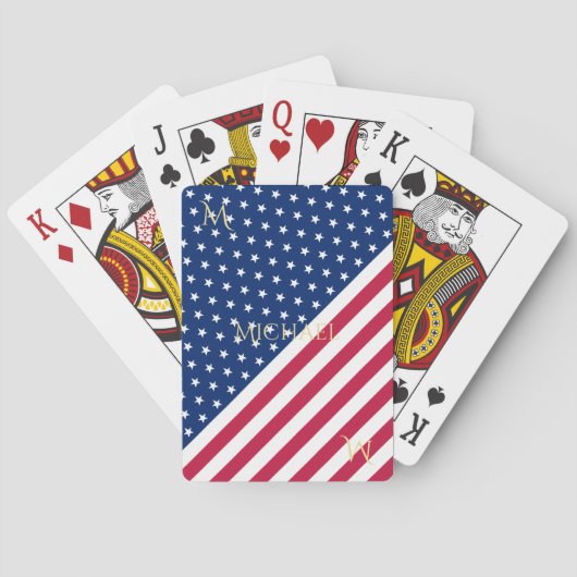 Patriottische rode, blauwe sterren Stripes monogra Pokerkaarten (Achterkant)
