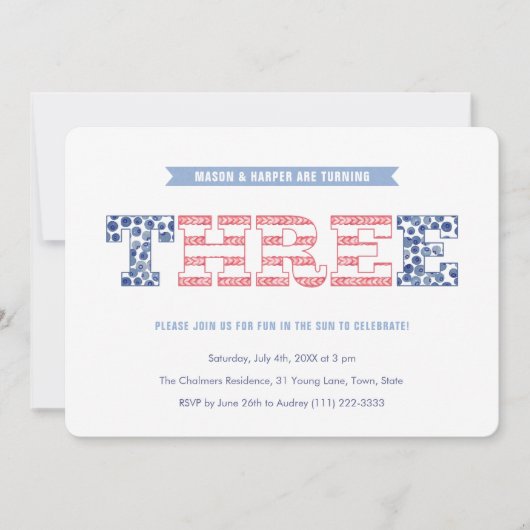 Patriottische rode blauwe tweeling 3e verjaardag kaart (Voorkant)