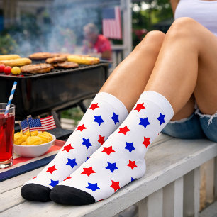 Patriottische rode en blauwe ster Worp Patroon Wit Sokken